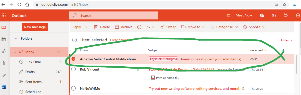 screenshot showing Amazon notification email that they've sold and dispatched something at 0055