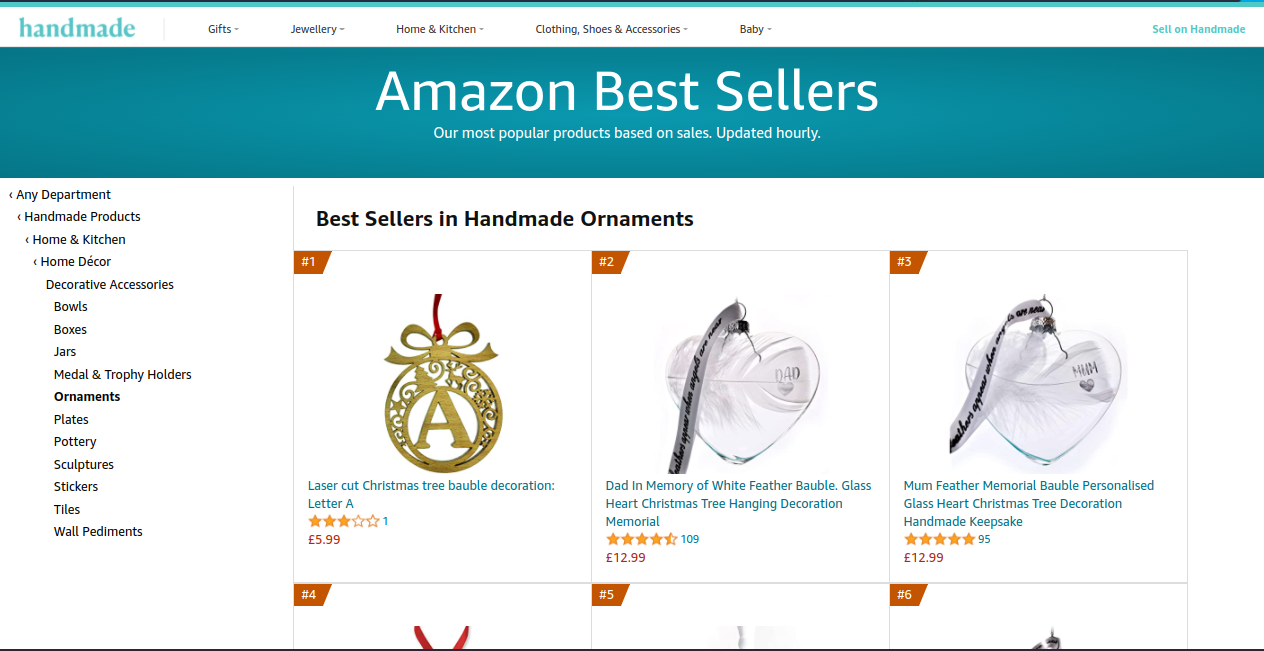 Screenshot of lasercut Christmas tree letter bauble at #1 on Amazon best seller list