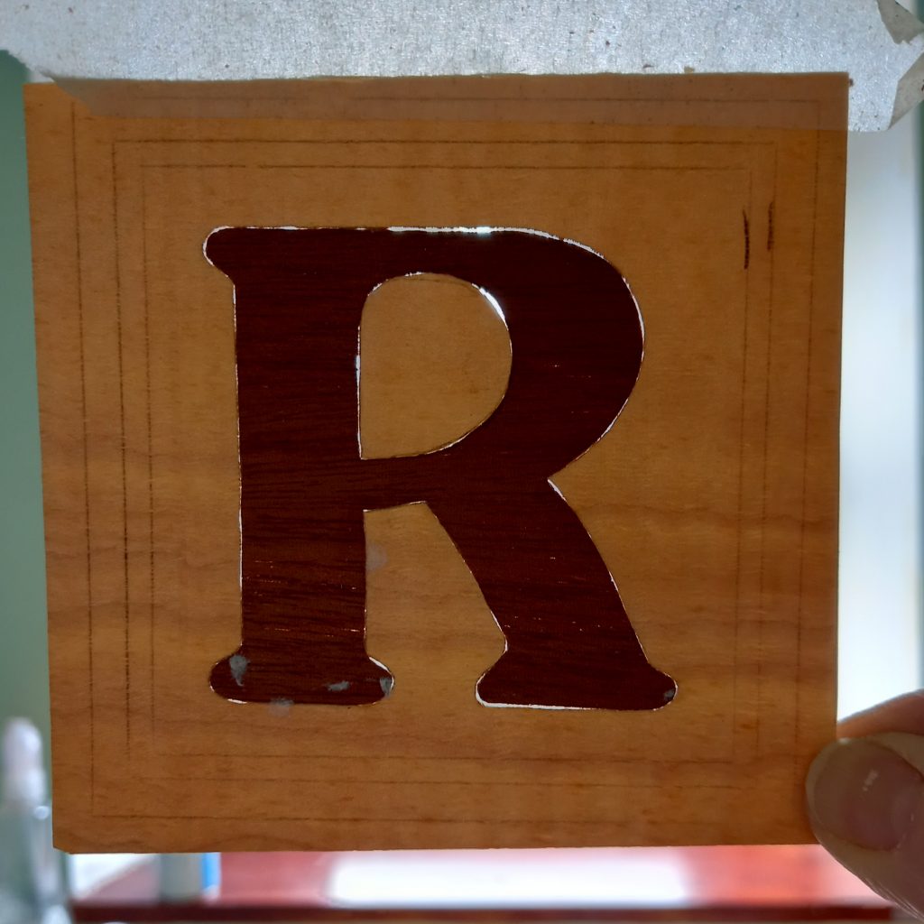 initial letter R marquetry coaster - Kay Vincent - LaserSister