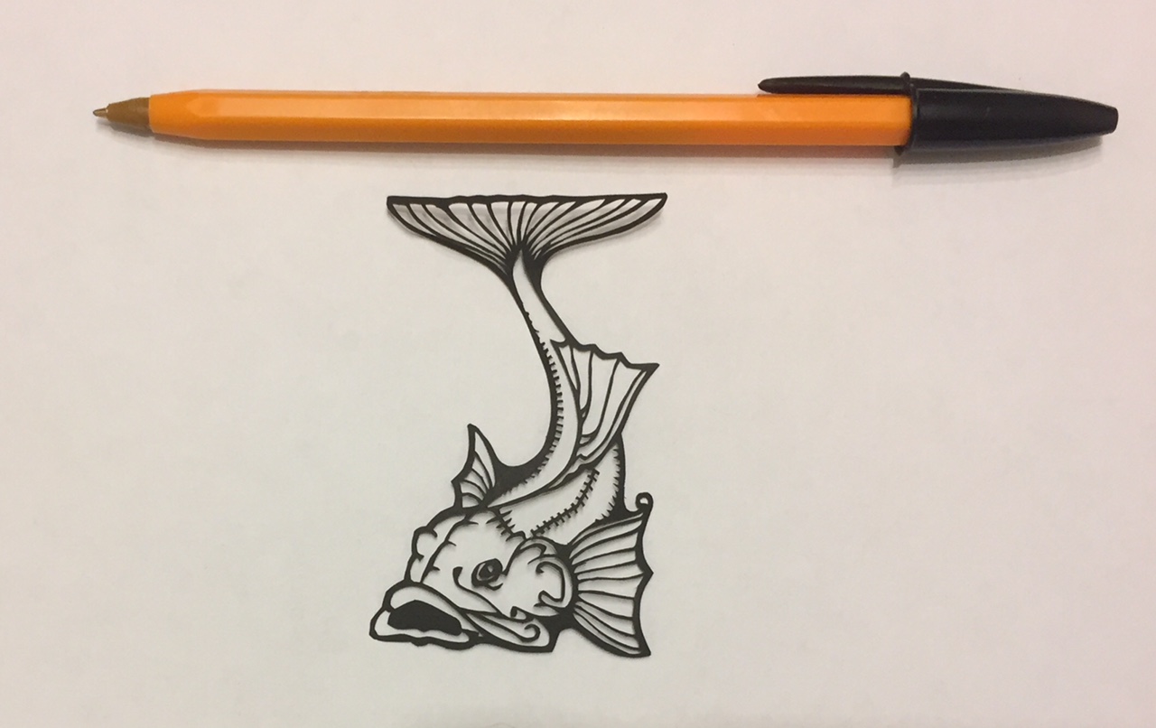 fish papercut 017 with pen for scale - Kay Vincent LaserSister