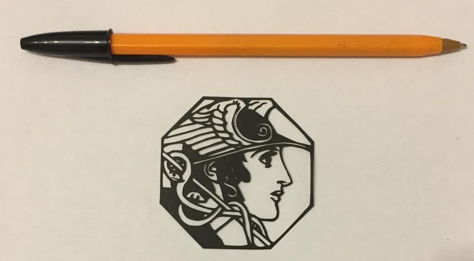 Hermes Mercury papercut 022 with pen for scale- Kay Vincent LaserSister