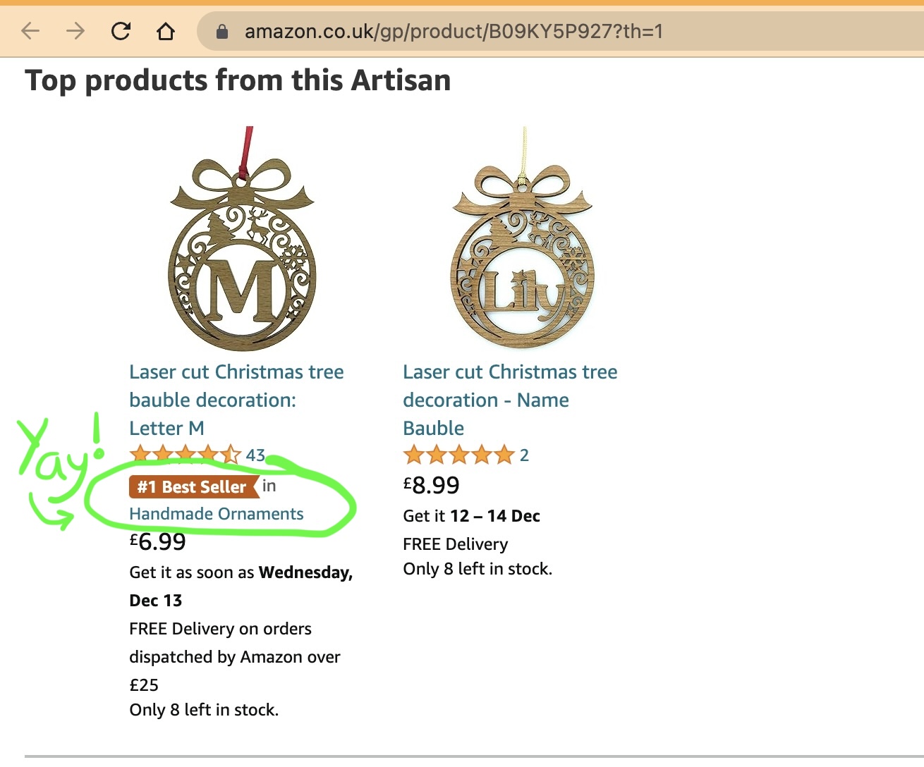 LaserSister's lasercut personalised wooden baubles are at #1 in Amazon's handmade ornaments category